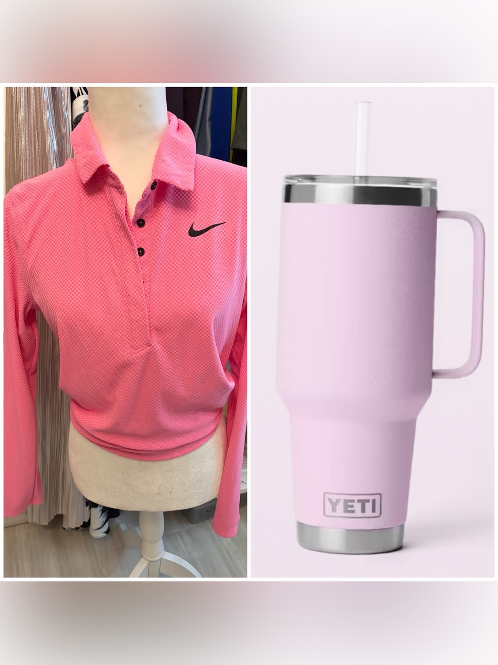 Yeti Light Pink Rambler Tumbler with Handle and Straw Nike golf shirt